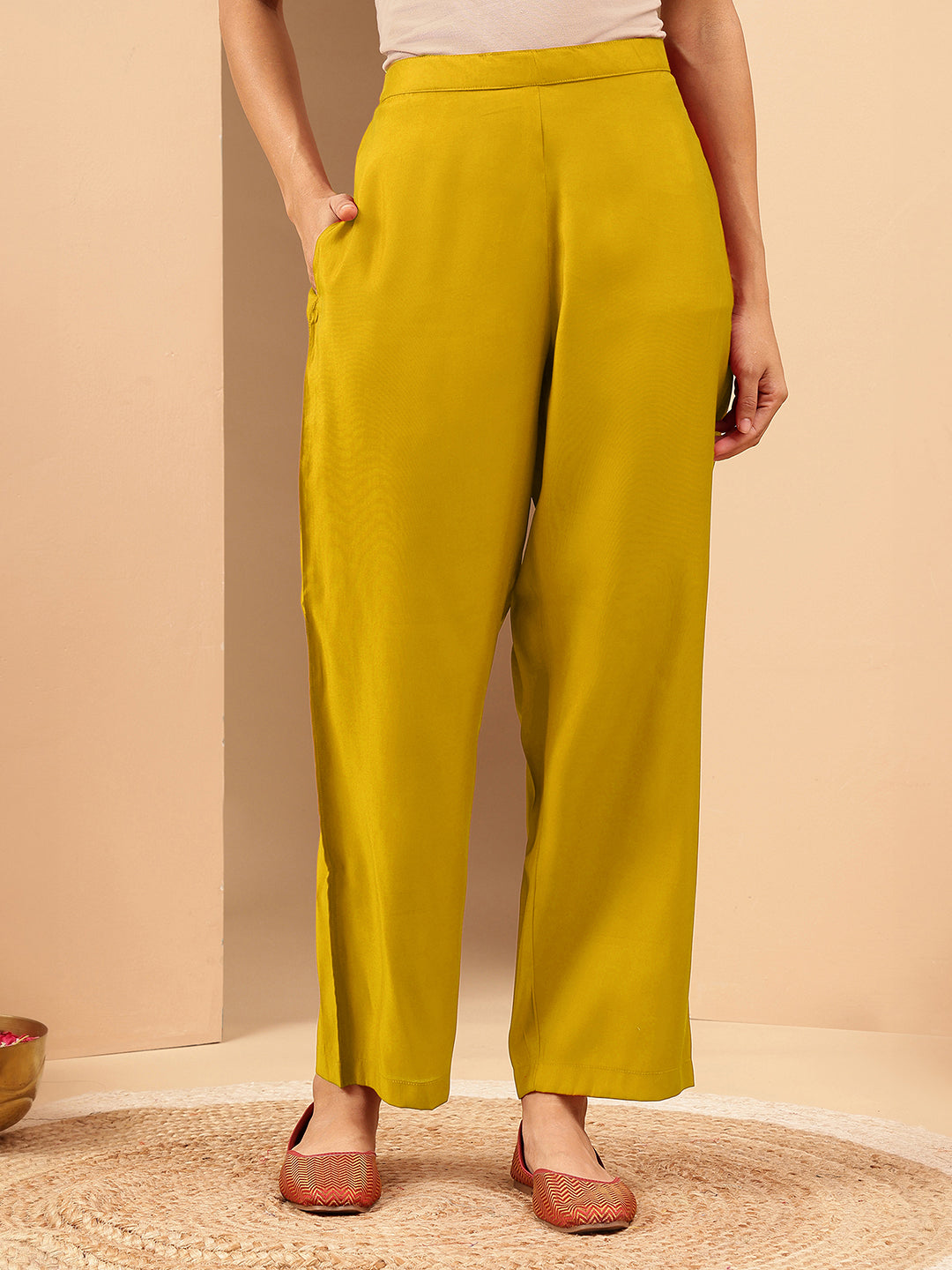 Women's Mustard Chanderi Silk Embellished Straight Kurta Pant Set