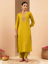 Women's Mustard Chanderi Silk Embellished Straight Kurta Pant Set