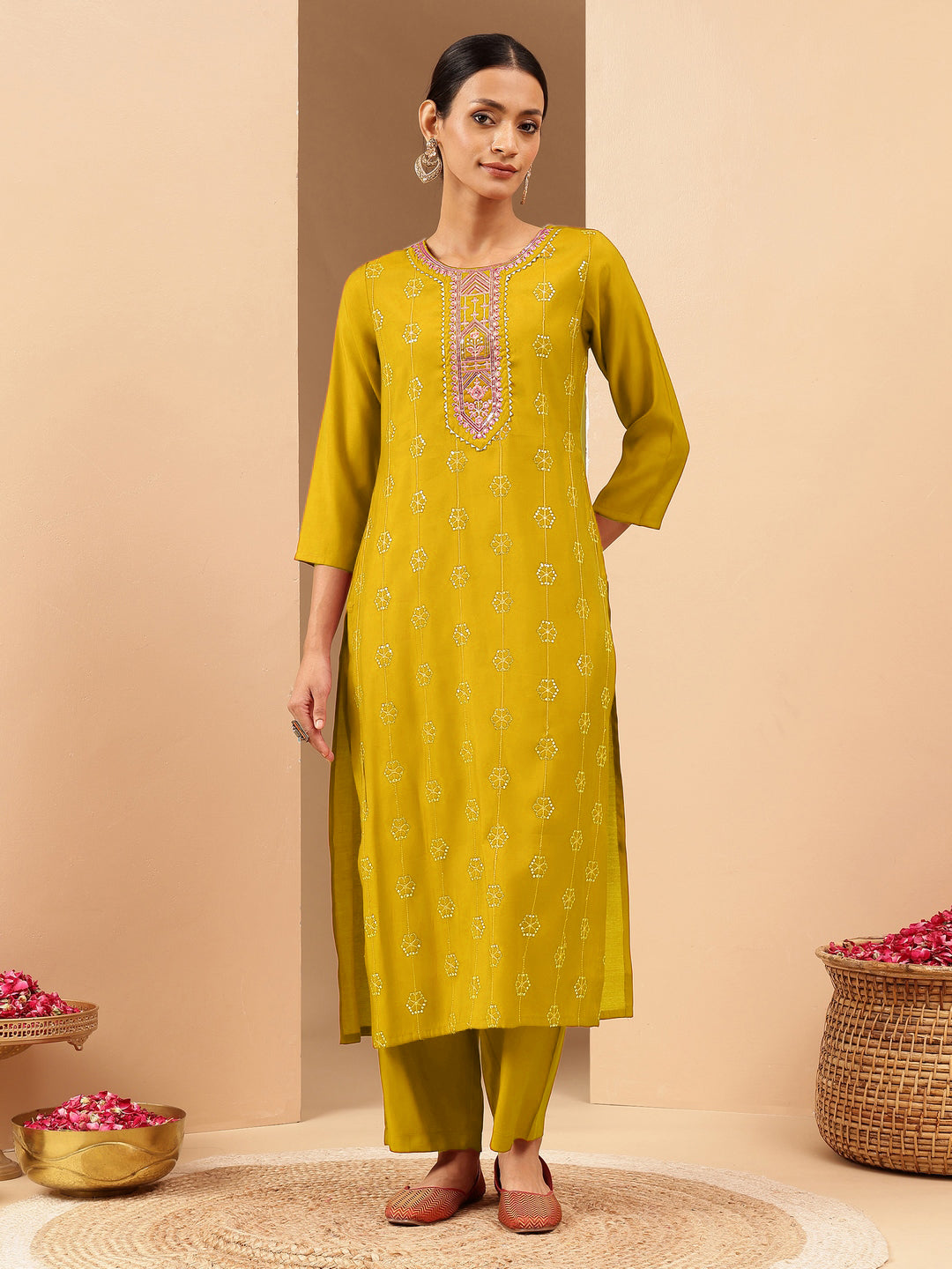 Women's Mustard Chanderi Silk Embellished Straight Kurta Pant Set