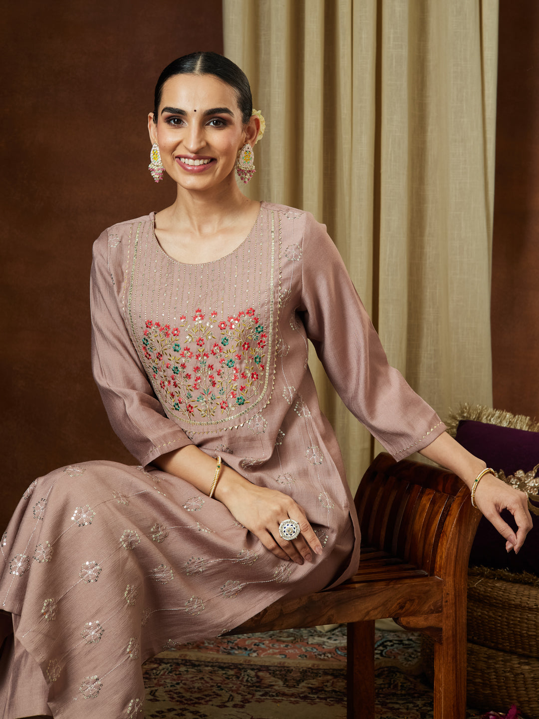Women's Brown Silk Blend Zari Embroidered Straight Kurta Pant Set