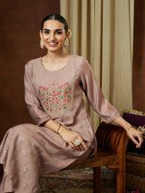 Women's Brown Silk Blend Zari Embroidered Straight Kurta Pant Set