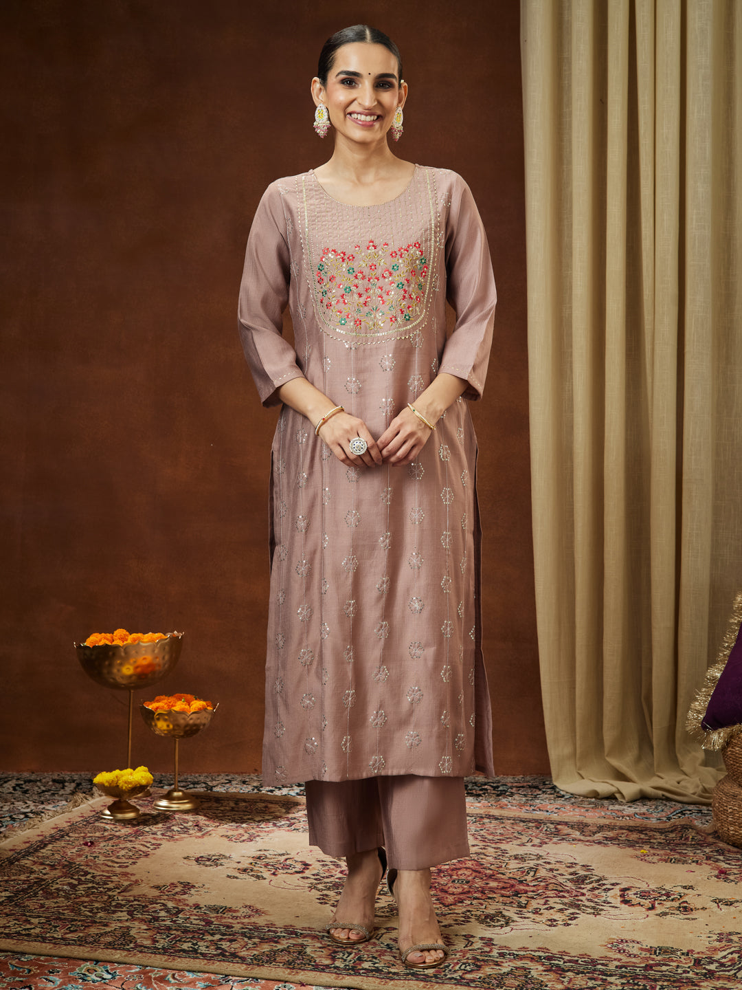 Women's Brown Silk Blend Zari Embroidered Straight Kurta Pant Set