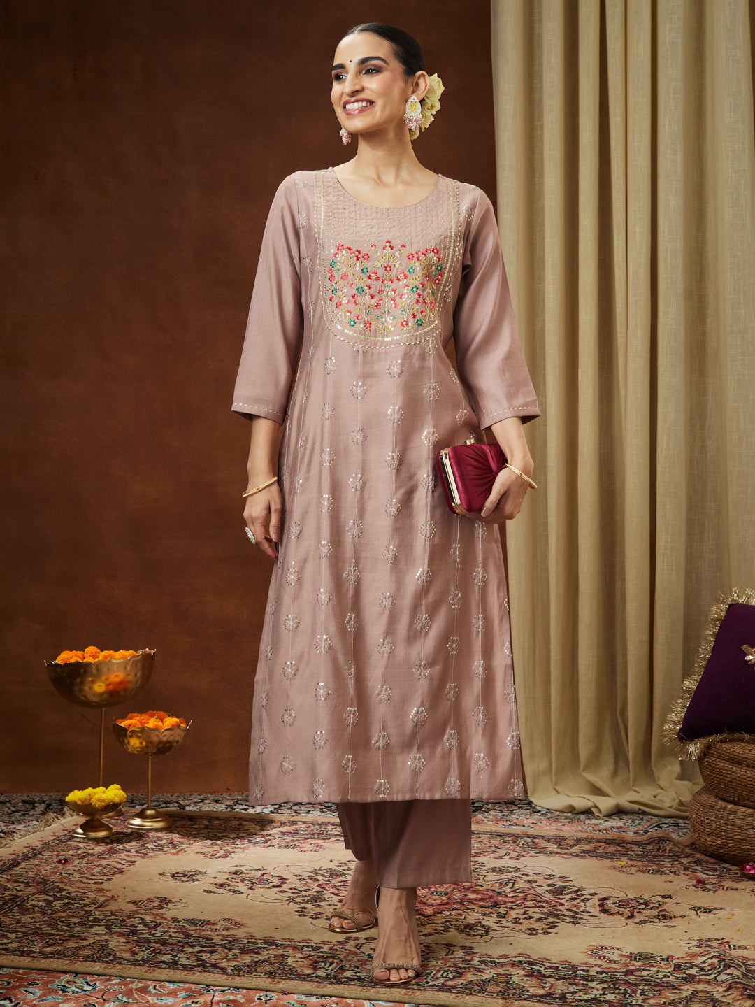 Women's Brown Silk Blend Zari Embroidered Straight Kurta Pant Set