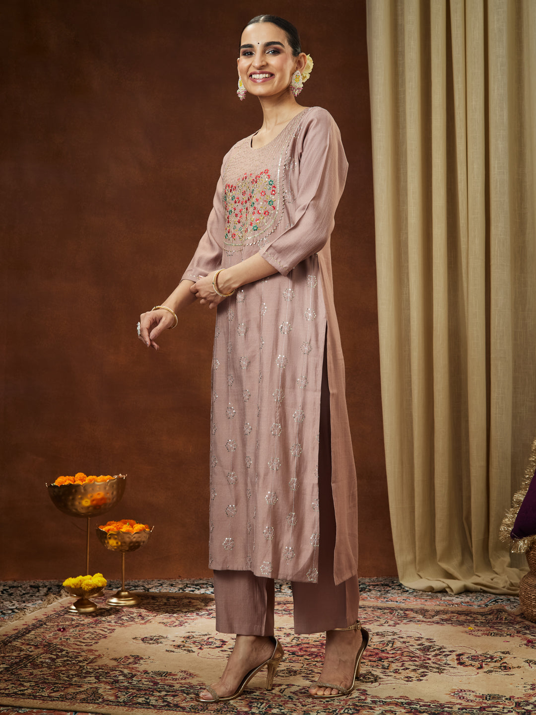 Women's Brown Silk Blend Zari Embroidered Straight Kurta Pant Set