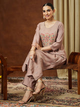 Women's Brown Silk Blend Zari Embroidered Straight Kurta Pant Set