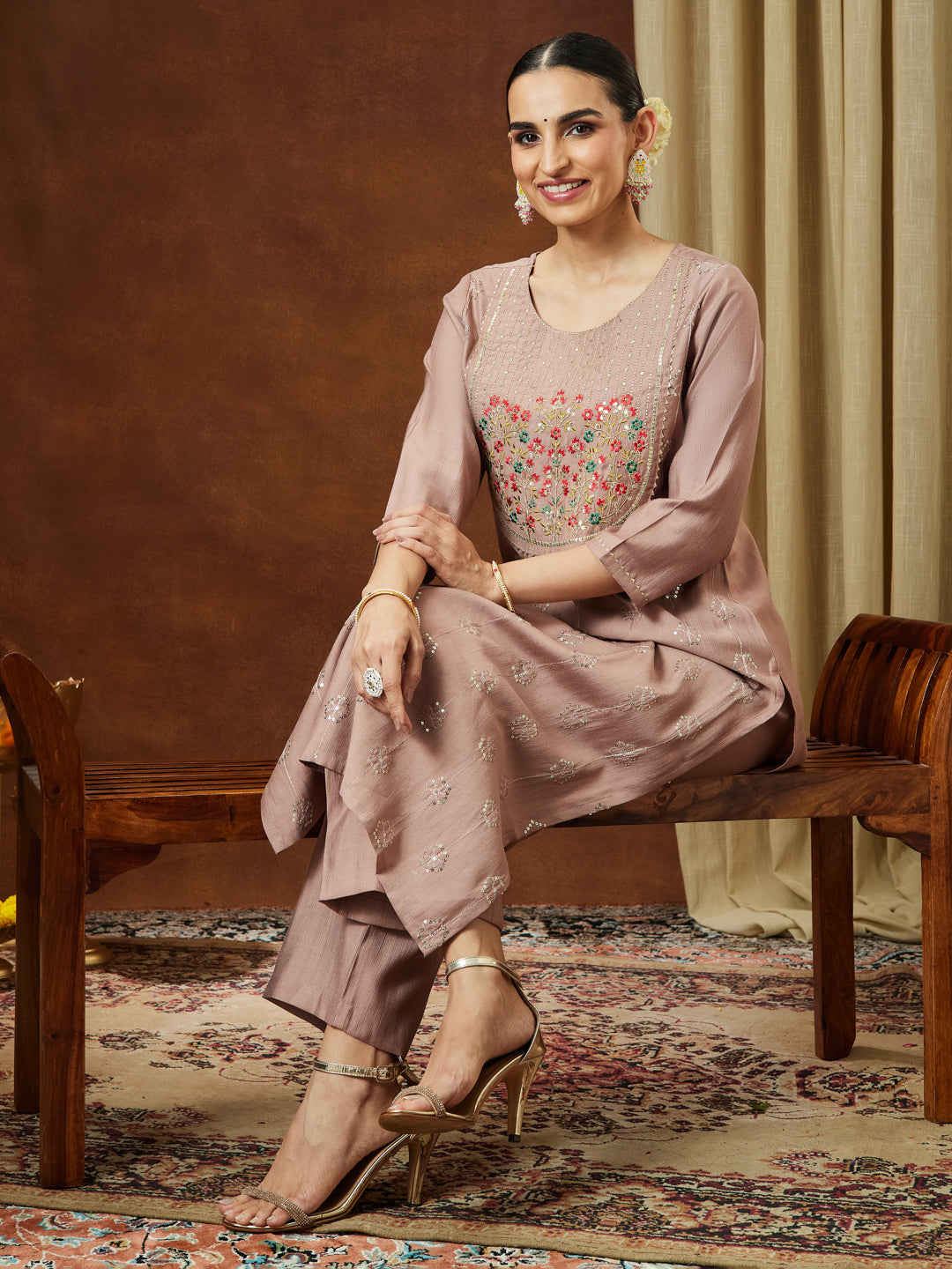 Women's Brown Silk Blend Zari Embroidered Straight Kurta Pant Set