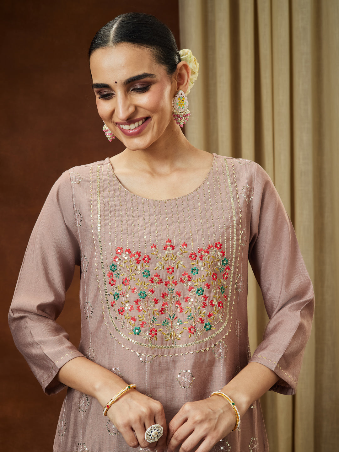 Women's Brown Silk Blend Zari Embroidered Straight Kurta Pant Set