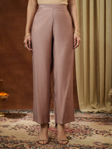 Women's Brown Silk Blend Zari Embroidered Straight Kurta Pant Set