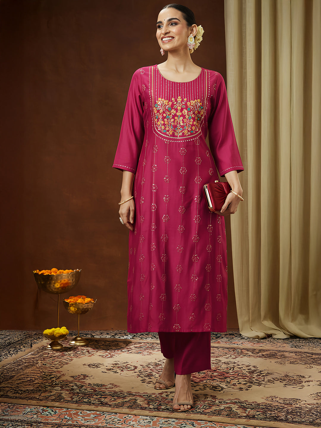 Women's Pink Silk Blend Embroidered Straight Kurta Pant Set