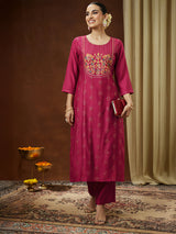 Women's Pink Silk Blend Embroidered Straight Kurta Pant Set