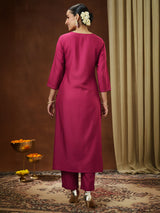 Women's Pink Silk Blend Embroidered Straight Kurta Pant Set