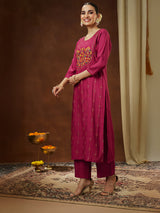 Women's Pink Silk Blend Embroidered Straight Kurta Pant Set