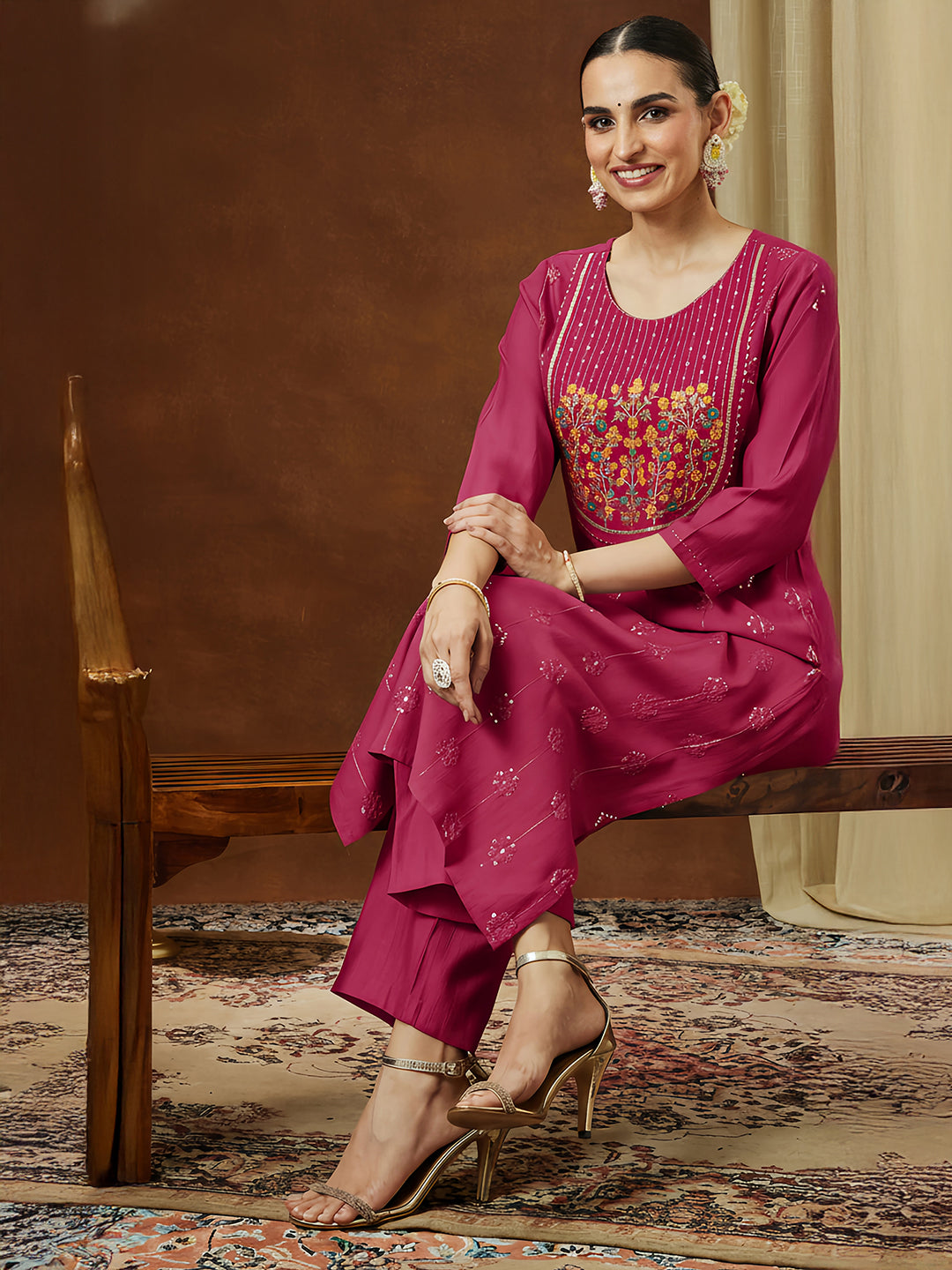 Women's Pink Silk Blend Embroidered Straight Kurta Pant Set