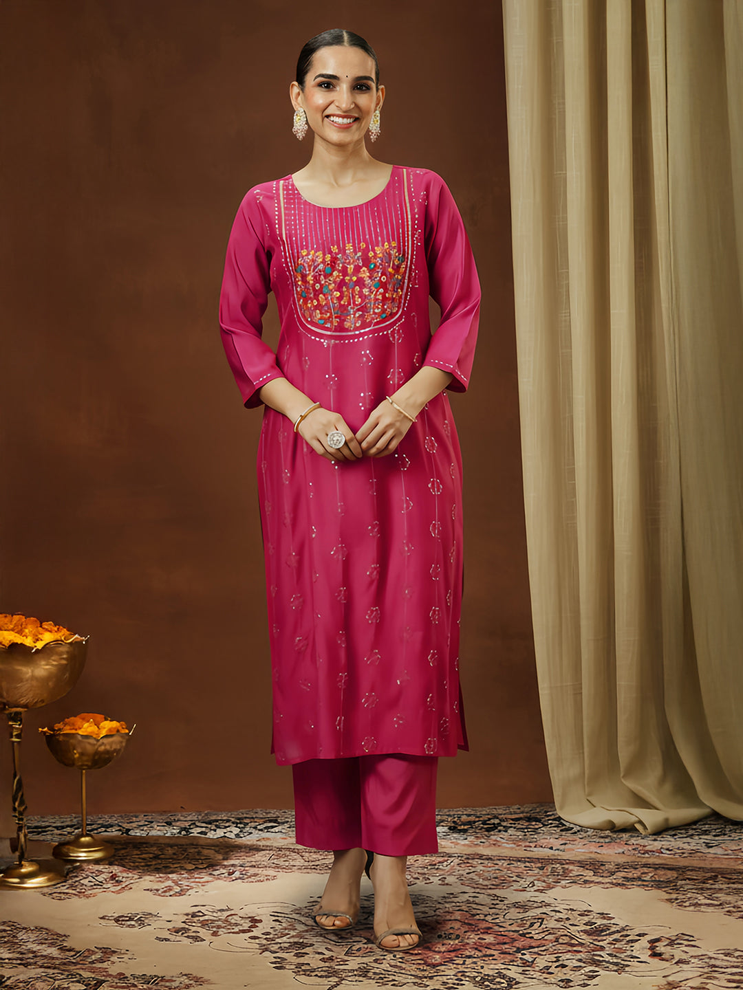 Women's Pink Silk Blend Embroidered Straight Kurta Pant Set