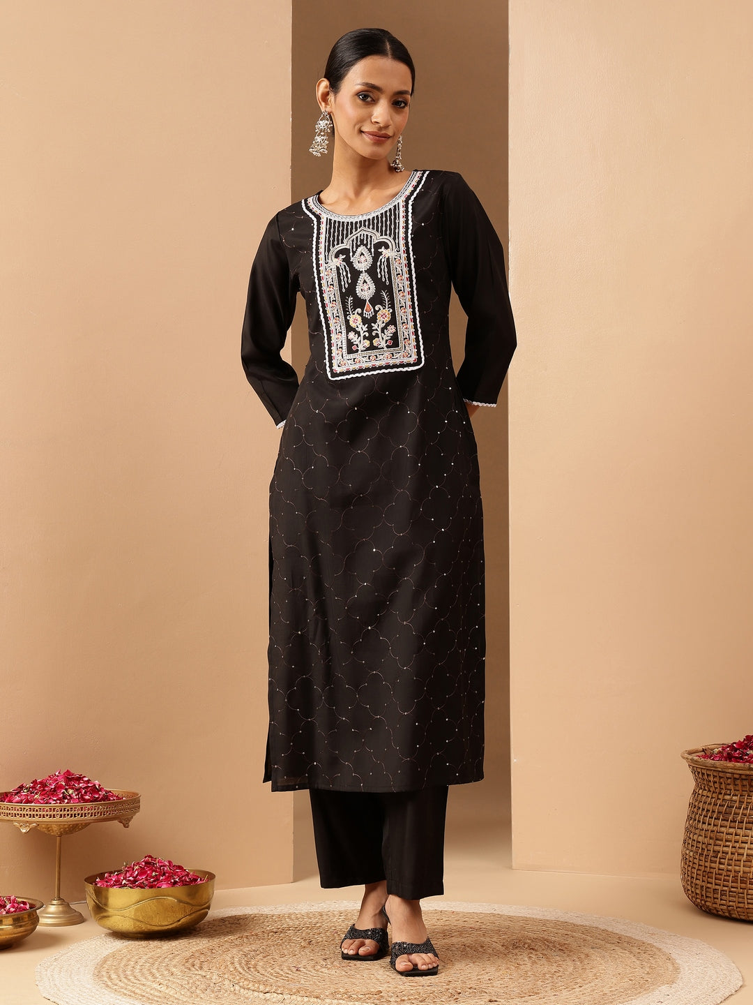 Women's Black Chanderi Silk Embroidered Straight Kurta Pant Set