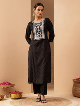Women's Black Chanderi Silk Embroidered Straight Kurta Pant Set