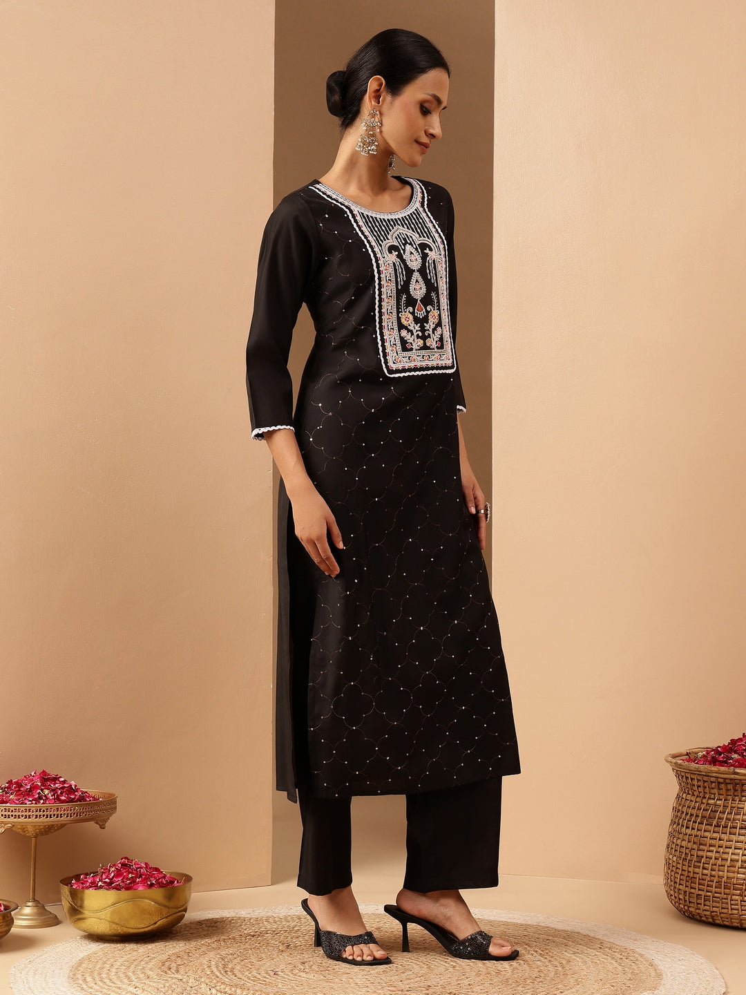 Women's Black Chanderi Silk Embroidered Straight Kurta Pant Set
