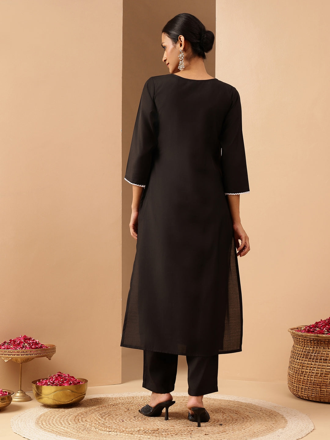 Women's Black Chanderi Silk Embroidered Straight Kurta Pant Set