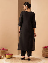 Women's Black Chanderi Silk Embroidered Straight Kurta Pant Set