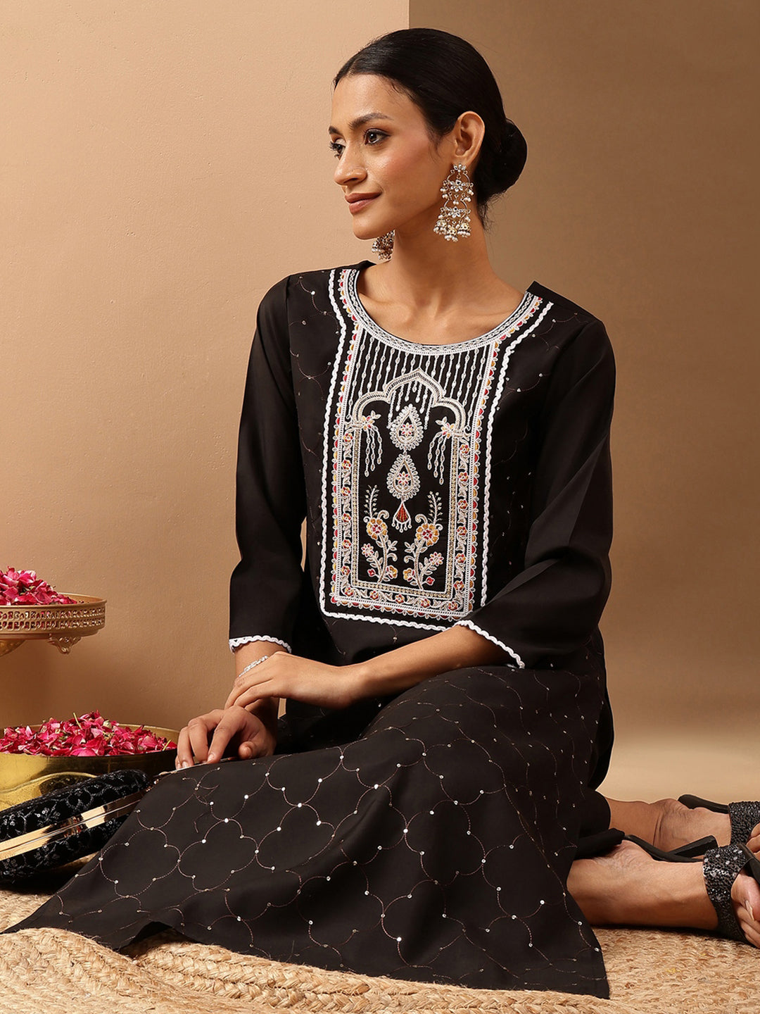 Women's Black Chanderi Silk Embroidered Straight Kurta Pant Set