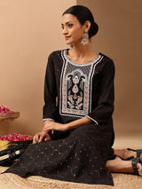 Women's Black Chanderi Silk Embroidered Straight Kurta Pant Set