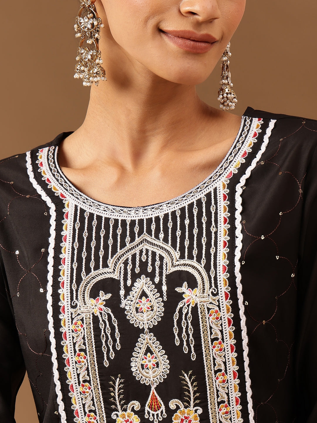 Women's Black Chanderi Silk Embroidered Straight Kurta Pant Set