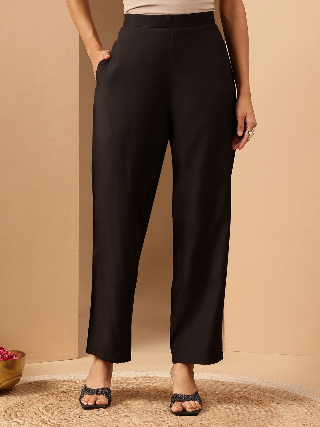 Women's Black Chanderi Silk Embroidered Straight Kurta Pant Set