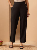 Women's Black Chanderi Silk Embroidered Straight Kurta Pant Set