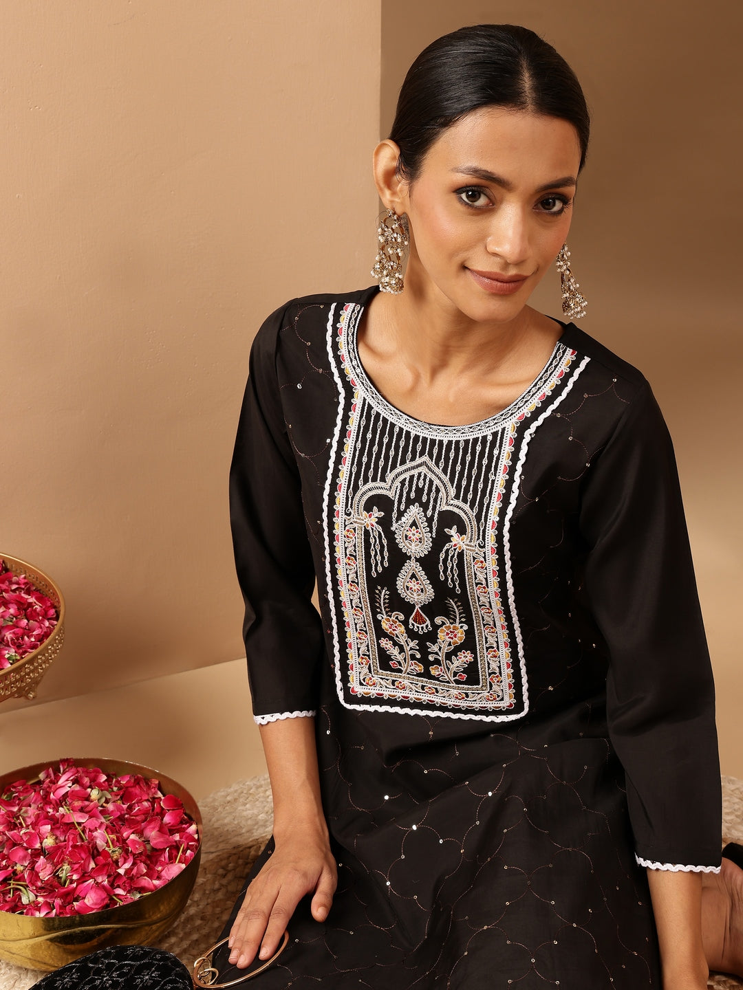 Women's Black Chanderi Silk Embroidered Straight Kurta Pant Set