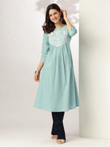 Women's Light Blue Pure Cotton Yoke Embroidered A-line Kurta