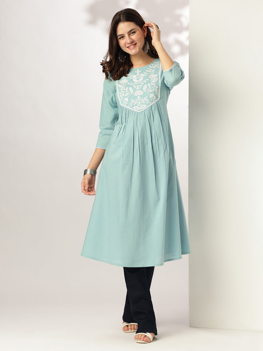 Women's Light Blue Pure Cotton Yoke Embroidered A-line Kurta