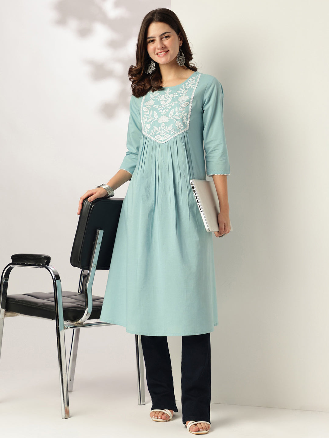 Women's Light Blue Pure Cotton Yoke Embroidered A-line Kurta