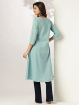 Women's Light Blue Pure Cotton Yoke Embroidered A-line Kurta