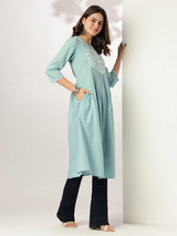 Women's Light Blue Pure Cotton Yoke Embroidered A-line Kurta