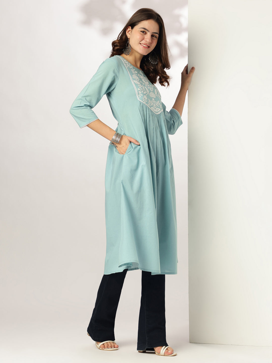 Women's Light Blue Pure Cotton Yoke Embroidered A-line Kurta