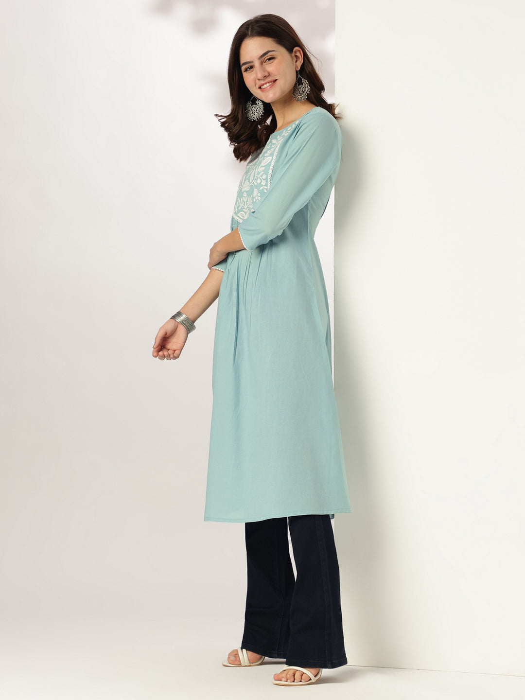 Women's Light Blue Pure Cotton Yoke Embroidered A-line Kurta