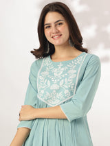 Women's Light Blue Pure Cotton Yoke Embroidered A-line Kurta