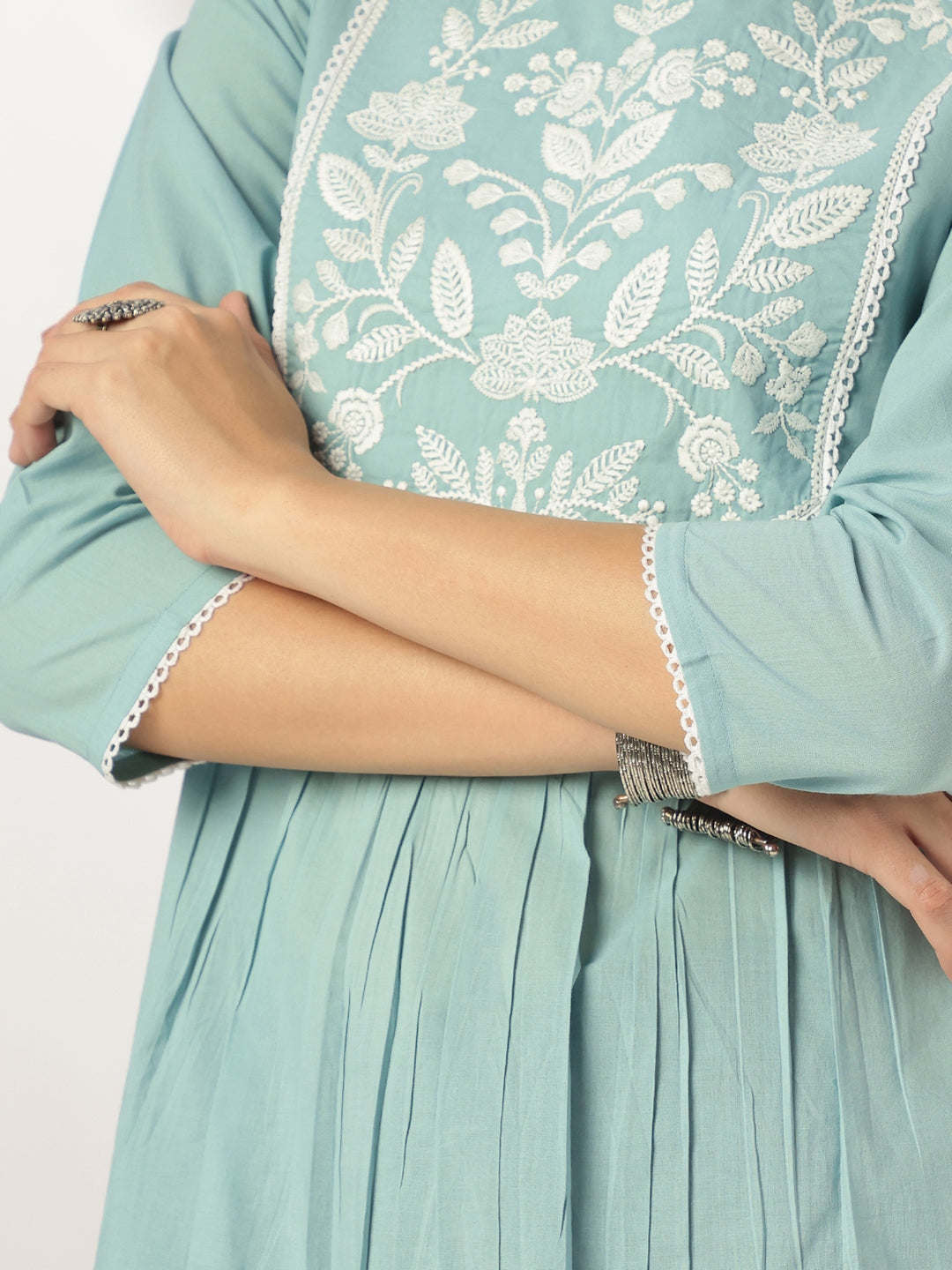 Women's Light Blue Pure Cotton Yoke Embroidered A-line Kurta