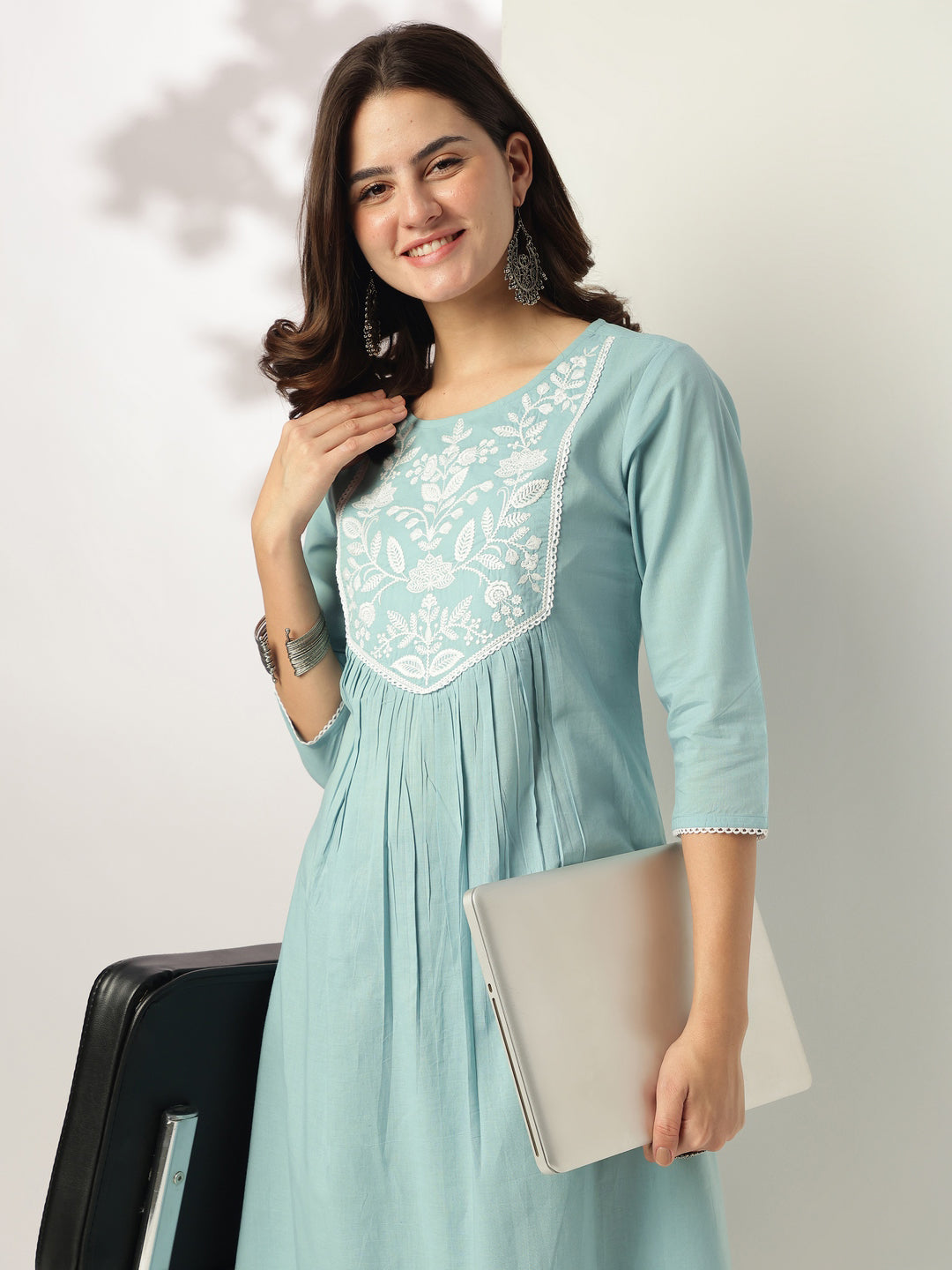 Women's Light Blue Pure Cotton Yoke Embroidered A-line Kurta