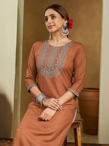 Women's Brown Rayon Embroidered Straight Kurta