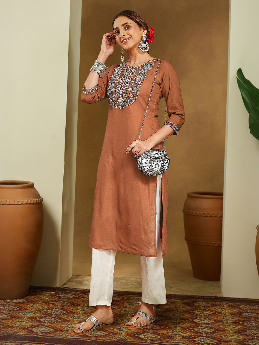 Women's Brown Rayon Embroidered Straight Kurta