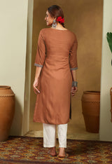 Women's Brown Rayon Embroidered Straight Kurta