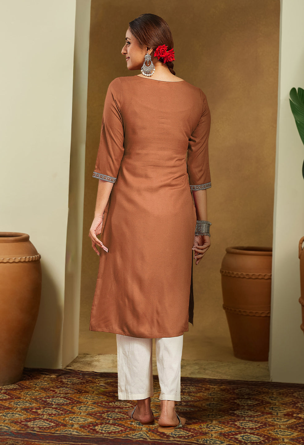 Women's Brown Rayon Embroidered Straight Kurta