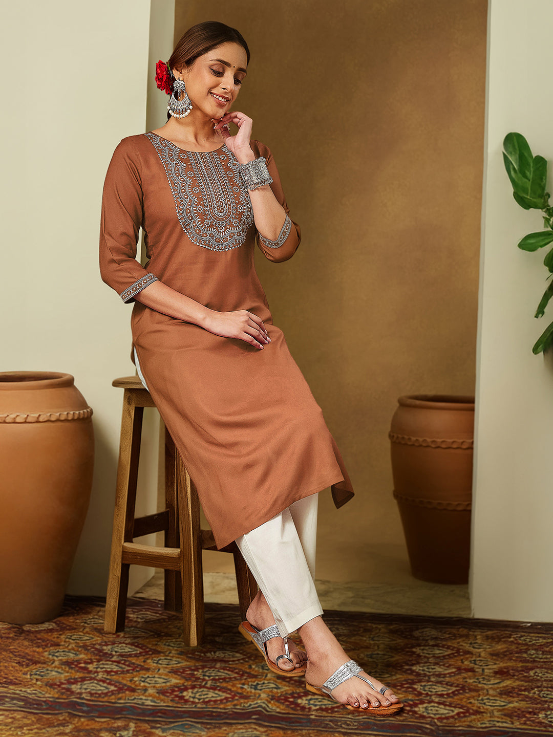 Women's Brown Rayon Embroidered Straight Kurta