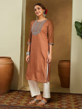 Women's Brown Rayon Embroidered Straight Kurta