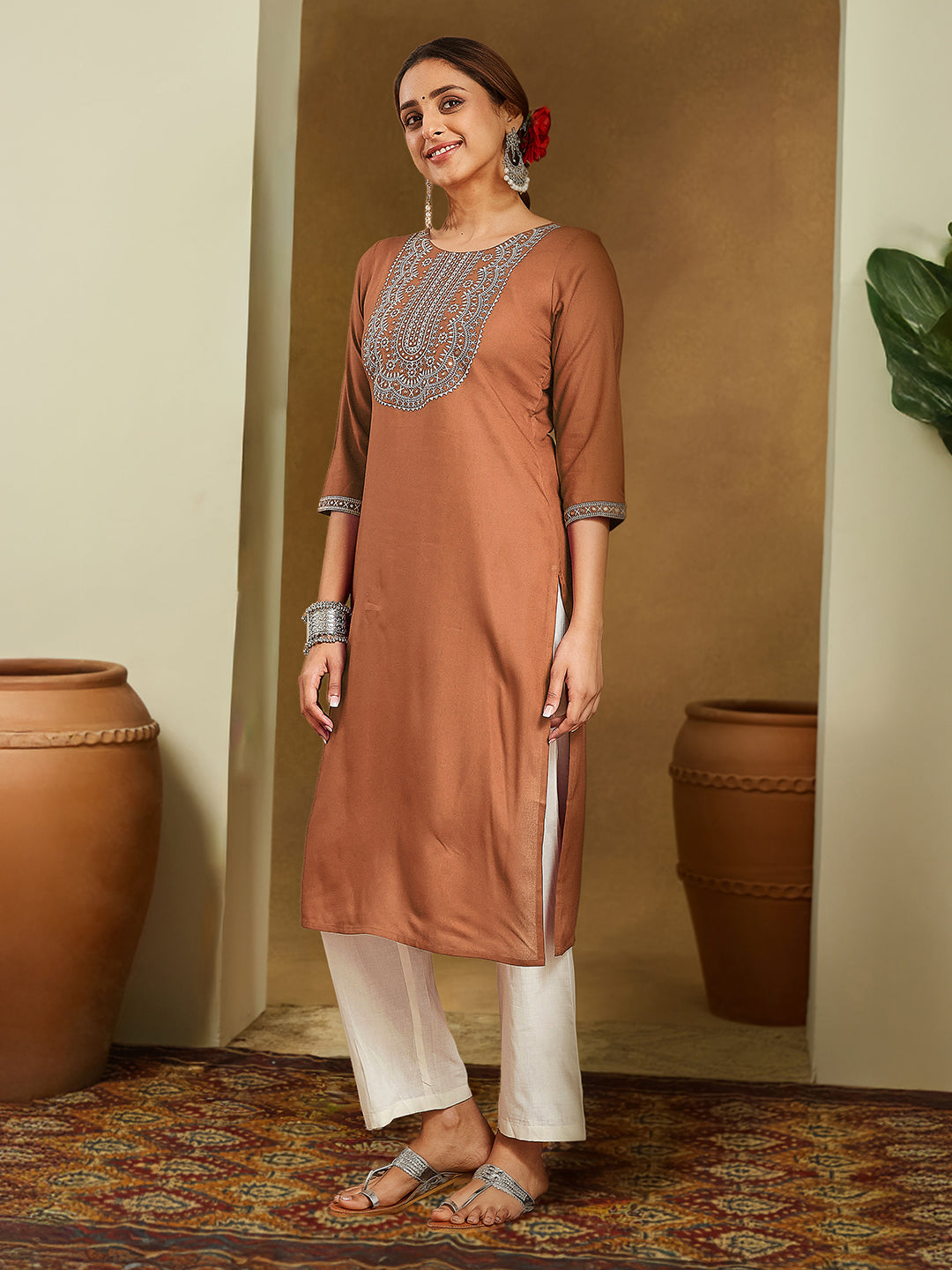 Women's Brown Rayon Embroidered Straight Kurta