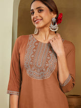 Women's Brown Rayon Embroidered Straight Kurta