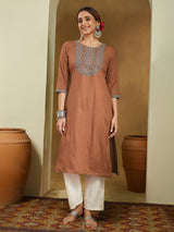 Women's Brown Rayon Embroidered Straight Kurta
