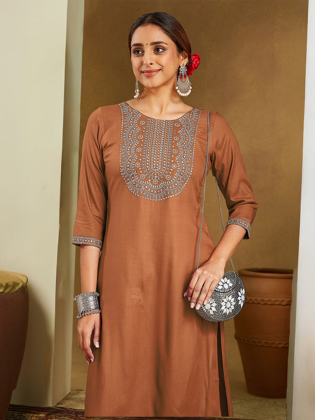 Women's Brown Rayon Embroidered Straight Kurta