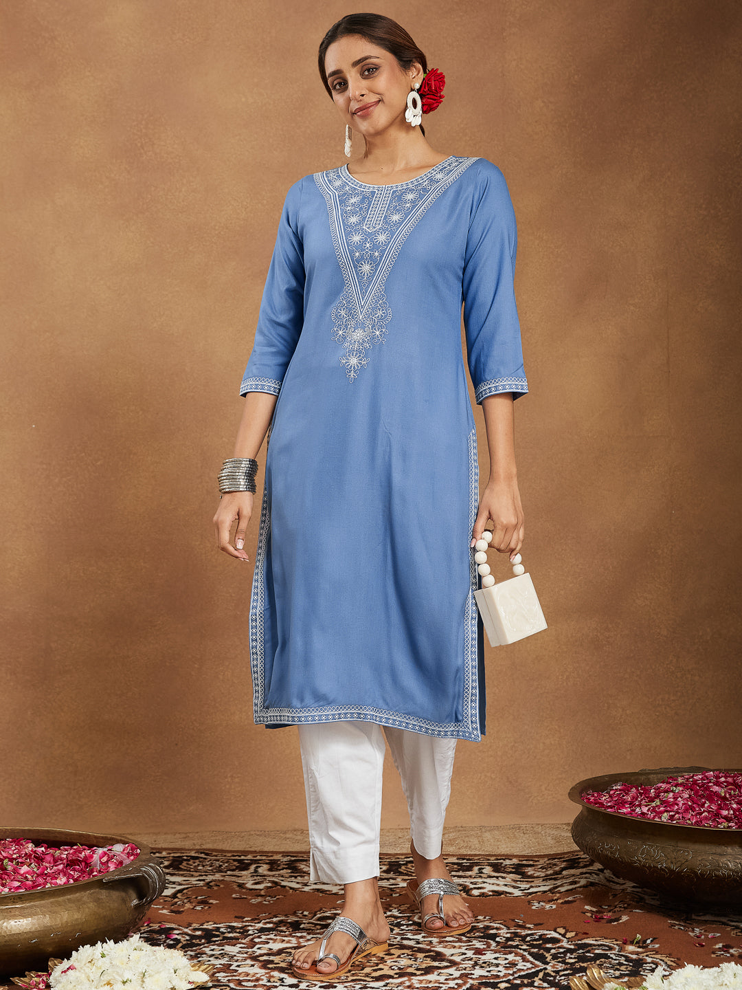 Women's Sky Blue Rayon Embroidered Straight Kurta